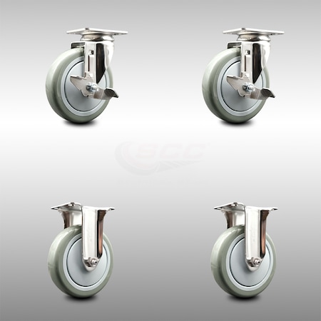 5 Inch 316SS Gray Polyurethane Swivel Top Plate Caster Brake 2 Rigid SCC, 2PK